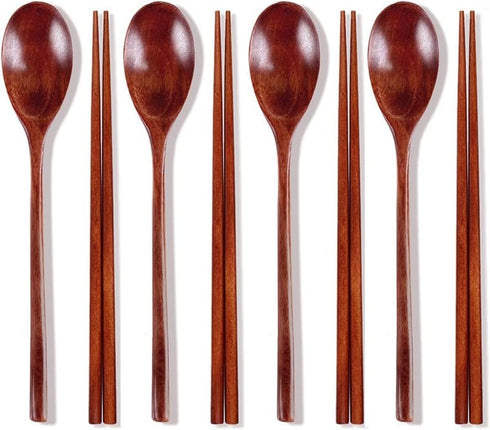 Ecloud Shop Wooden Chopsticks Spoon Set - Korean Dinnerware Reusable Long Handle Spoons for Home Kitchen (4 Sets)
