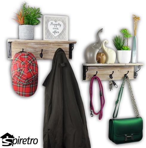 Spiretro Wall-Mounted Coat Hook Rack with Shelf - Set of 2, Rustic Wood Grey Organizer