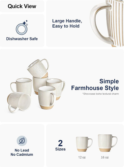 16 oz,Ceramic Set, 3.8 inch, Set 6, LE TAUCI Coffee Mugs Mug Embossment Cups for Latte, Hot Tea, Cappuccino, Mocha