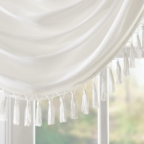 Madison Park Elena Waterfall Embellished Rod Pocket Valance, Faux Silk Window Valance, 38X46", White