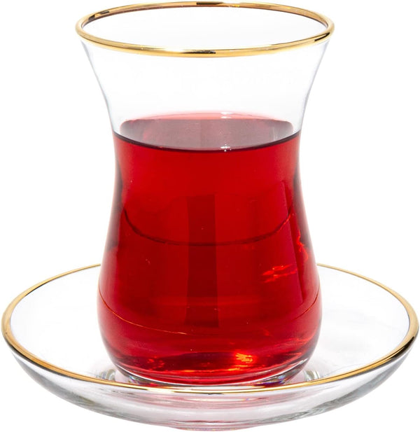 Vikko Turkish Tea Glasses & Saucers, Set, 6 Cups and 6 Plates,