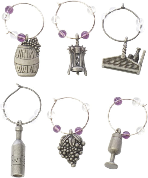 True Winery Pewter Wine Charms - Set of 6 for Stem Glasses, Wine Tasting Party
