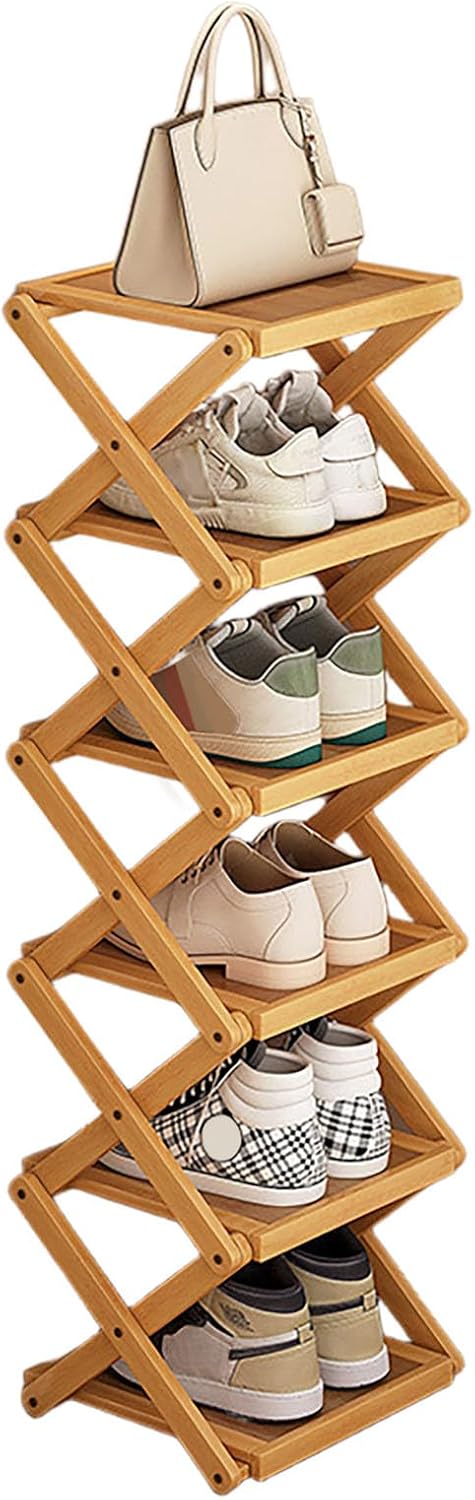 6 Tier Foldable Shoe Rack, Natural Bamboo Space Saving Shoe Storage Organizer,Easy
