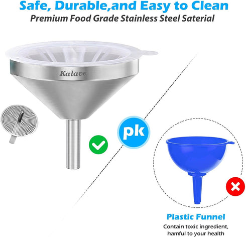 KALAVE Premium Stainless Steel Funnel, 5 Inch Food Grade Kitchen Funnel with 200 Mesh Food Filter Strainer