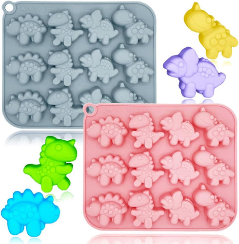 2 Pack Cute Dinosaur Silicone Molds, 12 Cavity 3D Dinosaur Themed Baking Mould Tray for Chocolate Cake Dessert