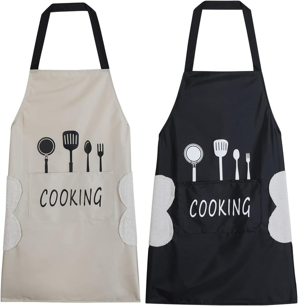 Agirlvct 2 Pack Kitchen Apron with Hand Wipe, Water-drop Resistant Cooking Bib Aprons for Women and Men