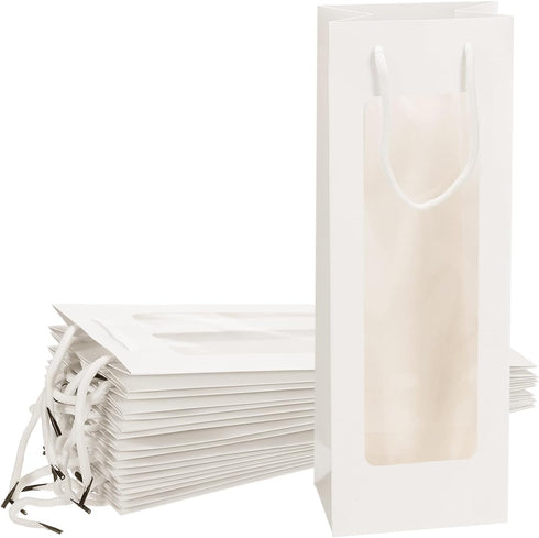 uxcell 12pcs Wine Gift Bags, 4.92"x3.35"x14.2" Paper Tote Bags with Rope Handles, Clear Window for Party Supplies, White