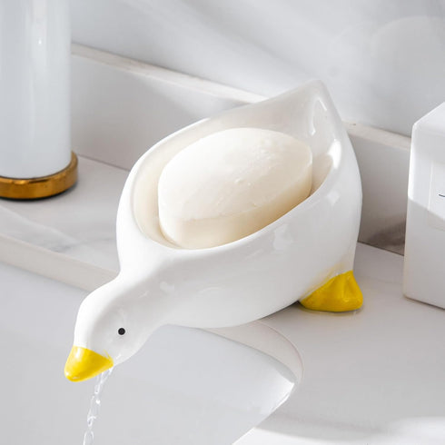 Fewile 1 Pack Duck Ceramic Soap Dishes,Soap Holder with Drain,Soap Dish Container,Dish Soap