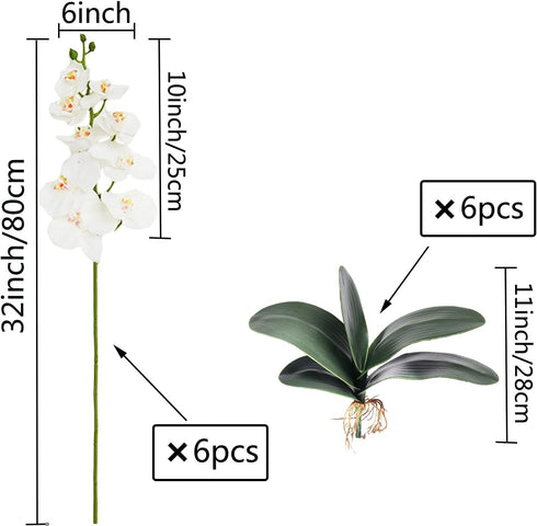 FagusHome 6 Pcs Artificial Phalaenopsis Flowers with 6 Bundles Leaves, Artificial Orchid Flowers Stem Plants for Home