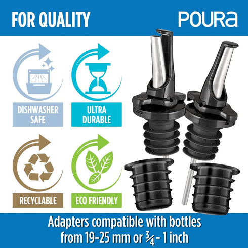 3-in-1 Liquor Pour Spout - Olive Oil Spout with Built-in Caps, Dishwasher Safe, Black 2 PCs