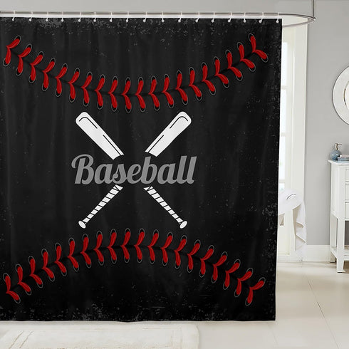 Castle Fairy Sports Baseball Bath Curtain,Vintage Sports Theme Shower Curtain,Retro Red Black