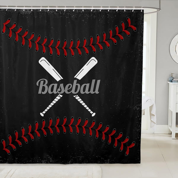 Castle Fairy Sports Baseball Bath Curtain,Vintage Sports Theme Shower Curtain,Retro Red Black
