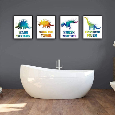 CHIEN-CHI LILI Wash Your Hands Dinosaur Bathroom Art Prints Set of 4 (8”X10”), Motivational Quote Decor for Kids