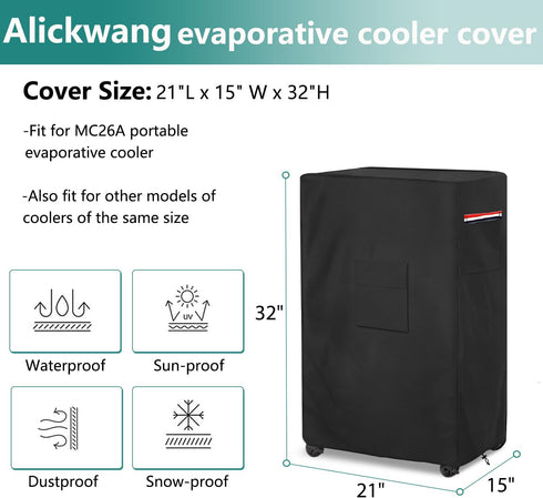 AIickwang Outdoor Portable Evaporative Air Cooler Cover,600D Heavy Duty Waterproof Evaporative Cooler Cover for Hessaire MC26A Evaporative Cooler,Swamp Cooler Cover Black,21" x 15" x 32".