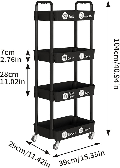 4-Tier Laiensia Rolling Cart with Wheels,Multifunction Utility Storage Carts, Kitchen Storage Organizer,Mobile Shelving