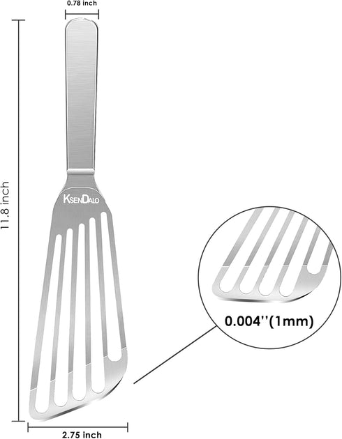 KSENDALO Thin Stainless Steel Fish Spatula, Flexible Slotted Egg Flipper with Angled Blade & Comfortable Grip