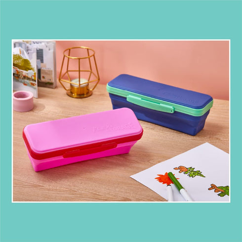 It's Academic Flexi Storage Box with Lid, Compact and Collapsible Pencil Case Design for Craft and School Supplies, Pink and Blue, 2 Pack
