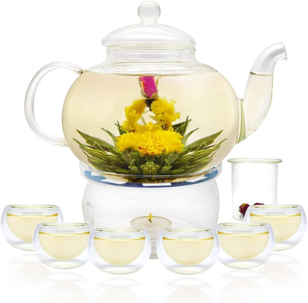 Glass Teapot Set, 27OZ/800ML Stovetop Safe Glass Tea Kettle with 6 Small