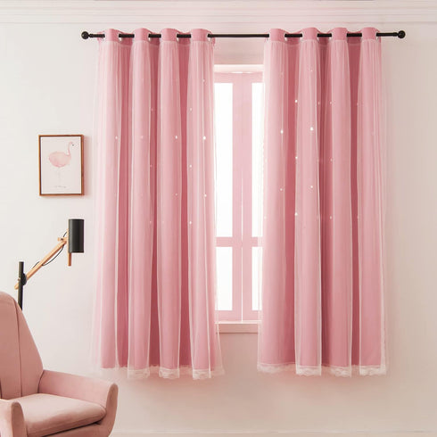 72 Inch (W52 L72 Inches2 Pink Curtains for Girls Bedroom Living Room Length Star Cut Out Double Layer Blackout Curtains