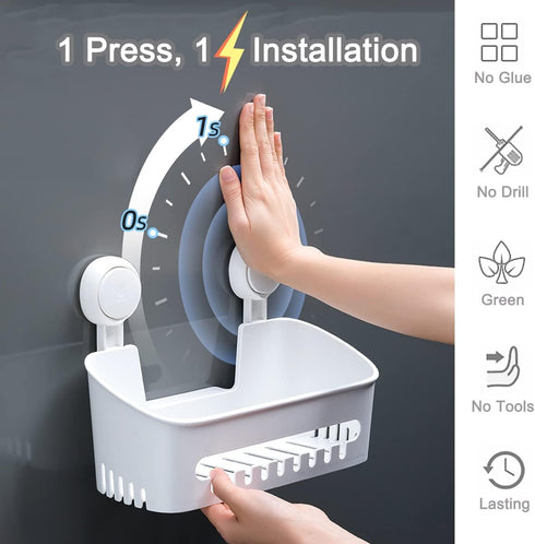 Suction Cup Shower Organizer Basket, Plastic Bath Shelf with Strong Suction Power, Waterproof, Reusable Caddy for