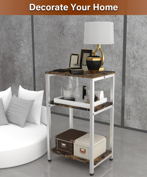 Tigerden 3 Tier Side Table, Heavy Duty End Table with Shelves, Narrow Nightstand Table for Small Spaces, Record Player