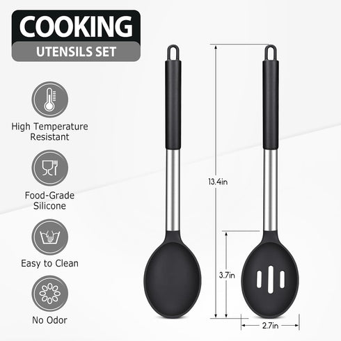 Pack of 2 Large Black Silicone Cooking Spoons, Non-Stick Stainless Steel Slotted and Solid Spoon Set