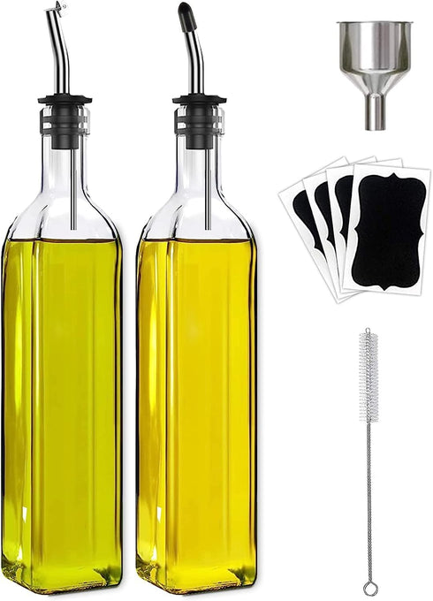 Olive Oil Dispenser Bottle Set, 2 Pcs Glass with Stainless Steel Pourers, Labels, Brush, Funnel, 500ml