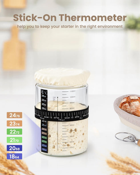 PITCH + PULSE 40Oz Sourdough Starter Jar Kit, Sourdough Bread Baking Container with Date Marked Feeding Band