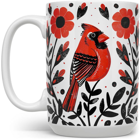 Cardinal Bird Ceramic Coffee Mug - Floral Nature Tea Cup, Gift for Women Mom Friend (15oz)
