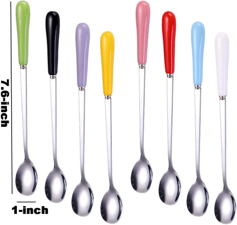 Mixing Spoons Set of 8, Stainless Steel Iced Teaspoons with Ceramic Handle 7.6-Inch Long Soup Tablespoons Espresso Coffee Spoons Candy-Colored, Mixed Color
