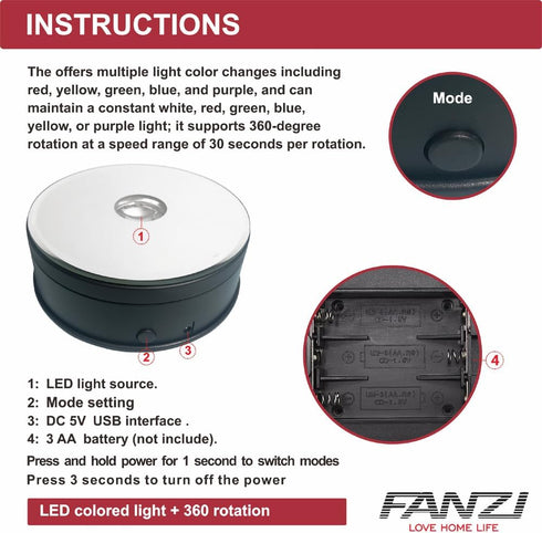 FANZI 360 4.5 Inch LED Motorized Turntable Display Light Base for Theme Exhibition, Window Display, Acrylic, Crystal