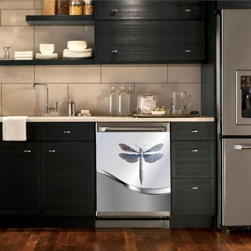 Dishwasher Magnet Cover Kitchen Decor, Silver Stainless Steel Dragonfly Pattern Vinyl Decal, 23 W x 26 H