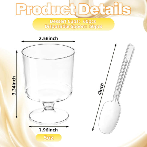 120 5 OZ Pcs Dessert Cups with Spoons - Mini Clear Plastic Dessert Parfait Cups - Round Serving Goblet Cup for Party