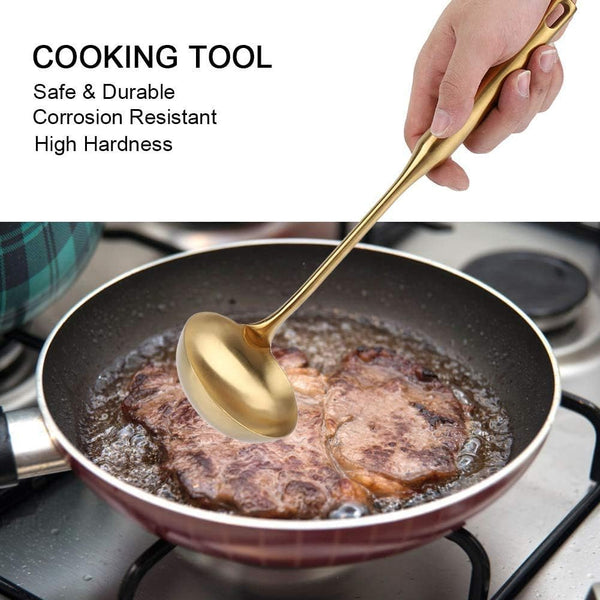 Stainless Steel Soup Ladle Spoon - Big Kitchen Spatula Turner Cooking Tool with Comfortable Grip (Gold)