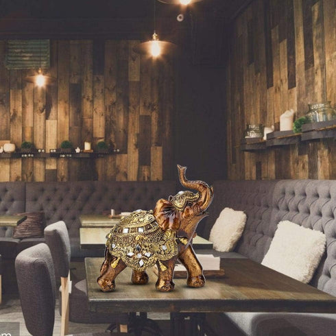 Golden Elephant Statue - Resin & Wood Grain Collectible Figurine, Feng Shui Lucky Sculpture for Home TV Cabinet