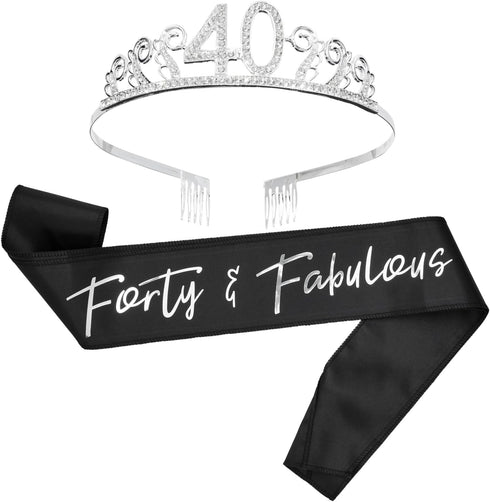 BLUE PANDA - 40th Birthday Sash and Tiara for Women, Forty and Fabulous Party Decorations (Black Satin)