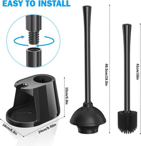 Toilet Plunger and Brush Set, Silicone Bowl Brush and Heavy Duty Toilet Plunger with Ventilated Holder