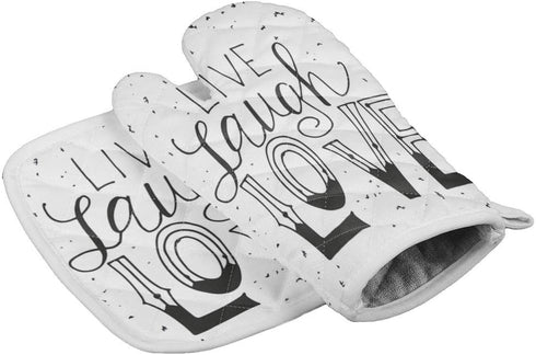 Set of Oven Mitt and Pot Holder, Live Laugh Love Quote, Heat Resistant Non-Slip Surface for Kitchen