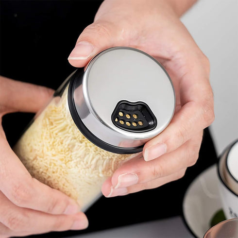 2 Pack Salt and Pepper Shakers, 300ml Glass Spice Jars with Adjustable Pour Holes, Stainless Steel Seasoning Containers
