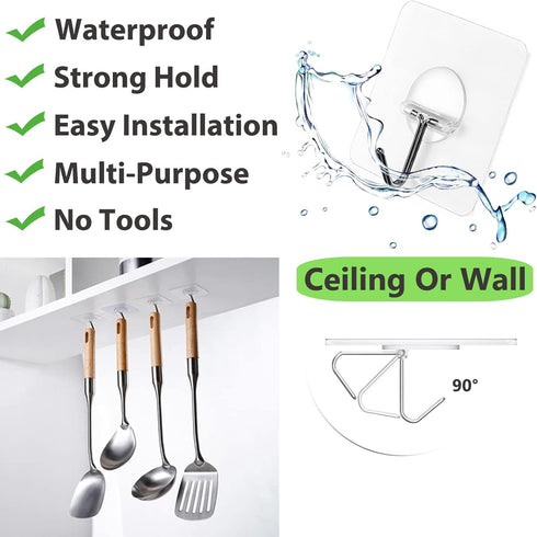 Adhesive Wall Hooks for Hanging - Heavy Duty Waterproof Transparent Hook, 8 Pack
