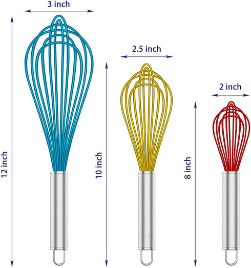Whisk, Sturdy Stainless Steel Wires Coated in Professional Silicone, 3 Pack Whisks for Cooking, Mini Whisk, Colored
