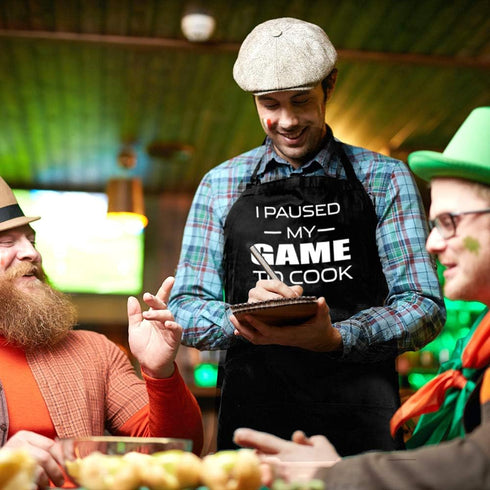 I Paused My Game to Cook - Funny Adjustable Bib Cooking Apron for Men, Women with 3 Pockets
