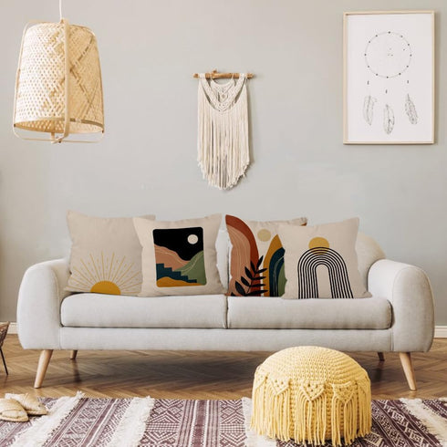 Boho Pillow Covers 16x16 Inch - Mid Century Sunrise Abstract Arch Linen Pillow Cases for Sofa, Set of 4 (No Inserts)