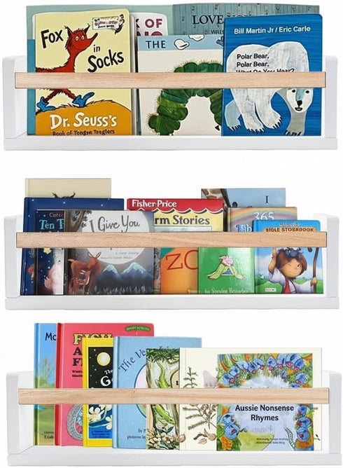 AZSKY 16 Inch Nursery Floating Shelves Set of 3, White Wood Kids