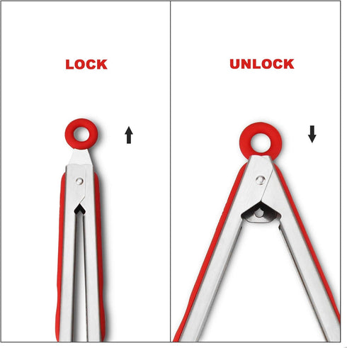 304 Stainless Steel Kitchen Cooking Tongs, 9" and 12" Set of 2, Sturdy Grilling Barbeque Locking Food Tongs