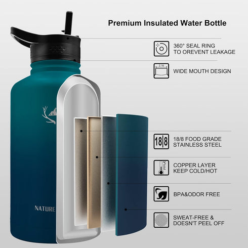 NATURE PIONEOR 64oz Insulated Water Bottle with Straw - Stainless Steel Vacuum Water Jug with Holder/Sleeve