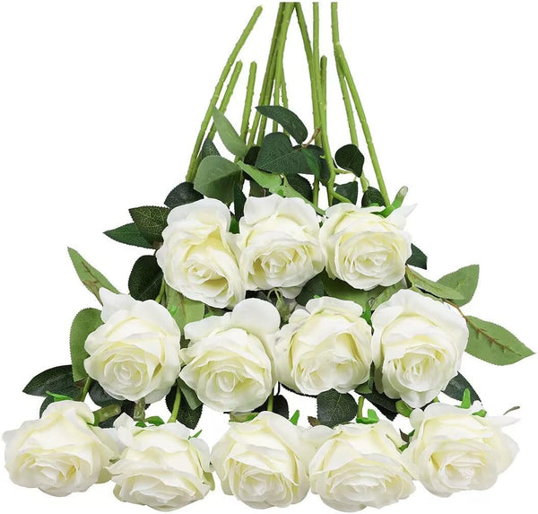 Tifuly White Roses Artificial Flowers, 12 pcs Realistic Single Long Stem Fake Silk Roses Bouquet for Home Wedding Decor