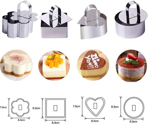 Stainless Steel 3D Cake Molds with Pusher Lifter Cooking Rings Set of 4,Baking Dish Bakeware Tools Cupcake Mold Mousse Ring Cheese Tools Salad Cake dessert Mould(4 different shapes)