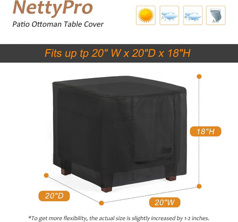 20L 20W 18H inch, NettyPro Outdoor Patio Ottoman Cover, Waterproof Square Side Table Cover, x x Black