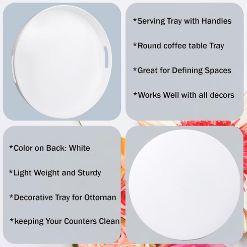13 Round White Decorative Serving Tray with Handles, Versatile Ottoman Tray for Coffee Table, Entertaining, Outdoor